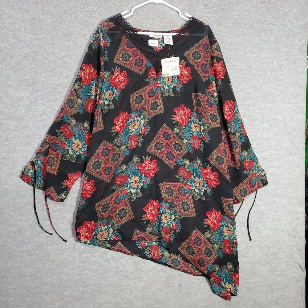 White Stag Women Top 18/20 Black Floral Boho Blouse‎ 3/4 Sleeve Lace V Neck NWT